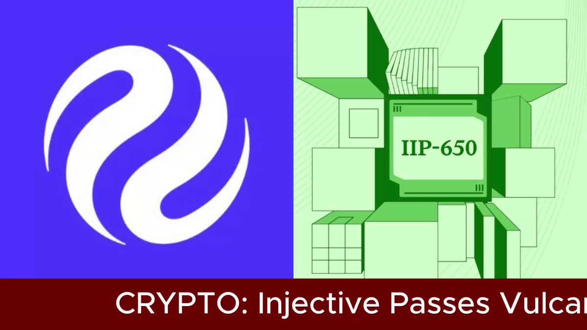 The image features two cryptocurrency logos side by side, one with the word "crypto" written underneath it and a white and blue logo above it that has a green and white swirl design. The second logo reads "Injective Vulcan Mainnet Imminent As $INJ Fund Goes Live in Asia @Injective prepares for the immediate deployment of the Vulcan Mainnet upgrade following a 99.72% approval rate from $INJ stakers." The first text appears below the second one, but it is too small to read properly.