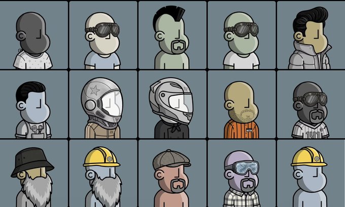 A grid of 15 cartoon character NFT avatars from what appears to be a profile picture (PFP) collection, featuring diverse stylized characters with various accessories like sunglasses, helmets, hats, and different hairstyles in muted pastel colors.