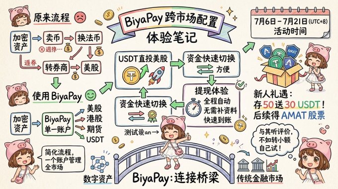Colorful Chinese-language promotional infographic for BiyaPay cross-market investment service, illustrating the process of converting crypto assets to USDT for direct US stock investment, with a promotional offer of 50 USDT deposit bonus.