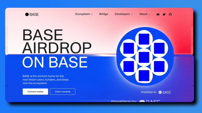 The image shows a "BASE AIRDROP" promotional website for Base blockchain featuring wallet connection and rewards claim buttons, with the tagline "BASE is the onchain home for the next billion users, builders, and ideas."

The promotional graphic illustrates the speculative nature of the accompanying post, which questions whether wallets would actually qualify for a Base airdrop and whether rewards would prioritize meaningful engagement over simple transaction volume.