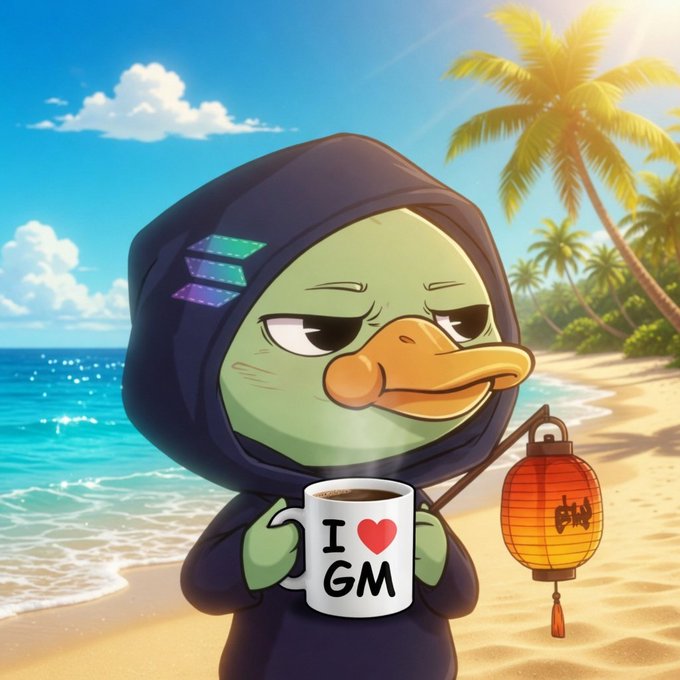 A cartoon duck holding a cup of coffee and wearing a hood with "I love GM" written on his sweater. The post seems to be promoting a new campaign involving trading on the Kraken platform, focusing on users who sign up for Wallchain.