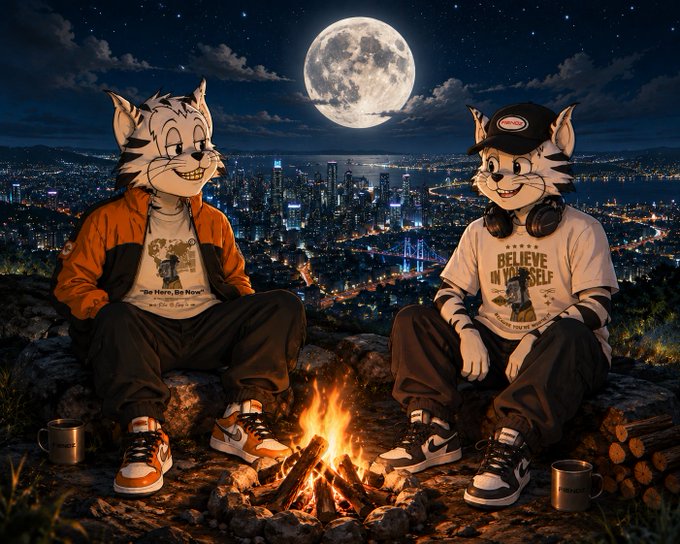 An illustration of two anthropomorphic cat characters sitting on a rocky outcrop by a campfire at night, with a full moon and an illuminated city skyline in the background; one wears a 'BELIEVE IN YOURSELF' shirt and a cap.