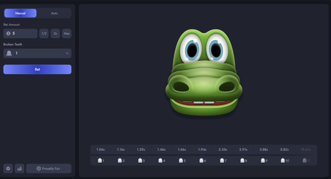 A 3D crocodile character with a visible chipped tooth is displayed in a betting interface featuring "Bet Amount" set to 5, "1/2", "2x", and "Max" options, alongside "Broken Teeth" options 1 through 11 with corresponding multipliers ranging from 1.06x to 11.84x, tying into the "Crock Dentist" NFT game where players bet on which tooth the crocodile will break next.
