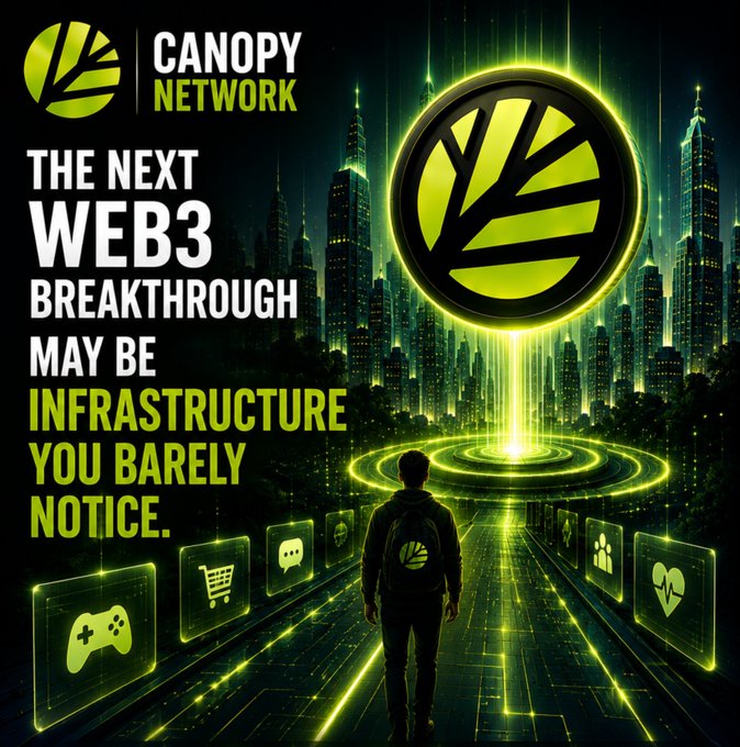A promotional graphic for "CANOPY NETWORK" features a futuristic green-lit cityscape with a person standing before a glowing emblem, with text reading "THE NEXT WEB3 BREAKTHROUGH MAY BE INFRASTRUCTURE YOU BARELY NOTICE."