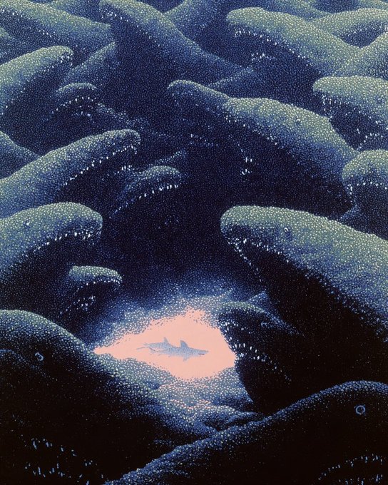 A dark surreal digital illustration of mossy rocks framing a central glowing pink pool where a shark-like creature floats, with a deep pointillist/illustrative style.