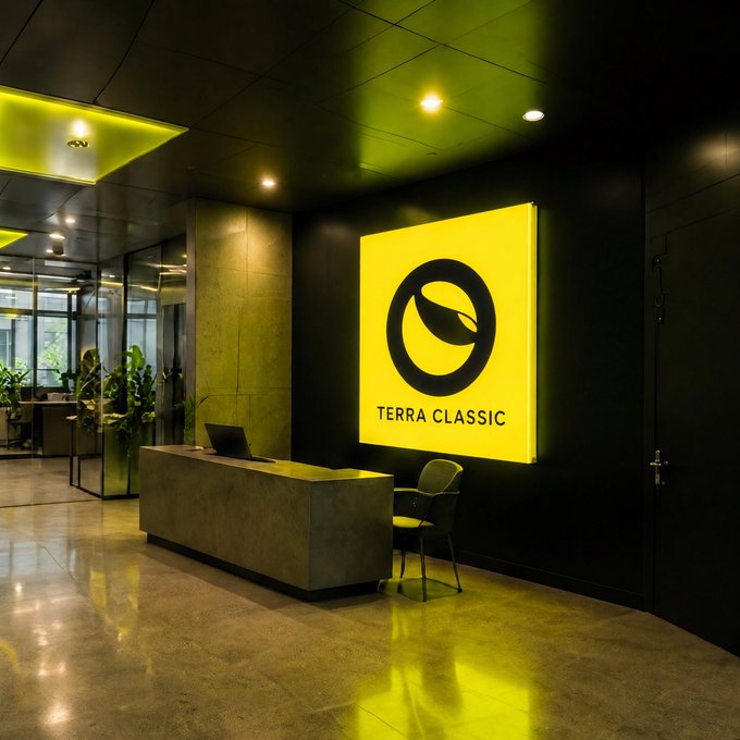 A brightly lit office lobby features a large yellow sign displaying the 'Terra Classic' logo and name.