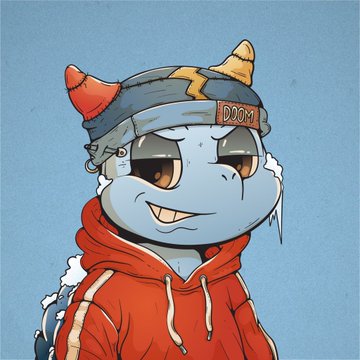 A cartoon illustration of a small blue dragon-like character wearing a red hoodie, a gray beanie with horns labeled 'DOOM', and a tooth necklace.