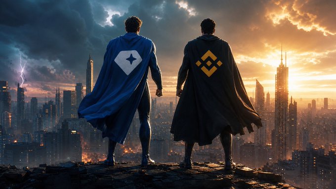 A digital illustration of two superhero-like figures wearing capes, one with a blue cape and a logo, standing on a cliff overlooking a city at sunset with lightning in the sky.