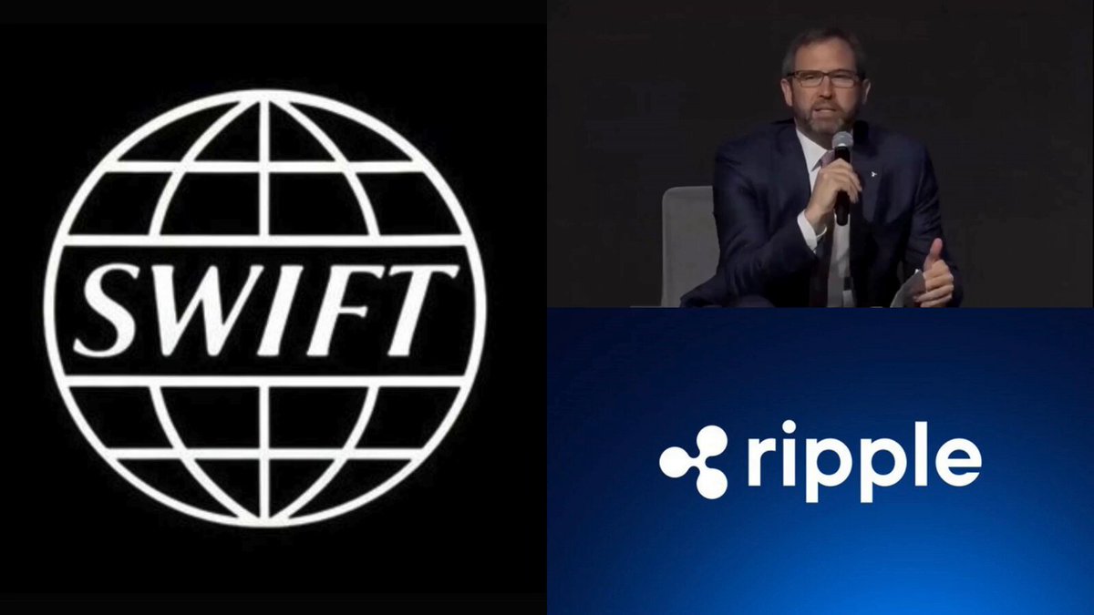 The image features a man sitting behind a microphone with a large globe logo above him. The globe logo represents Ripple, an online currency exchange platform that uses cryptocurrency as its medium of exchange. The text "SWIFT" is also present on the globe logo. The man appears to be speaking into a microphone, possibly addressing an audience or participating in a panel discussion about the SWIFT model and Ripple's role within it.
