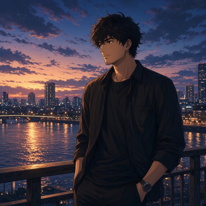 An anime-style illustration of a dark-haired young man in a black shirt standing by a railing overlooking a city skyline and water at sunset.