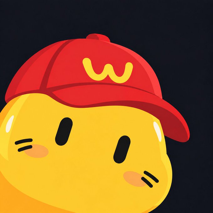 A yellow cartoon character wearing a red cap with a "W" logo smiles against a dark background.
