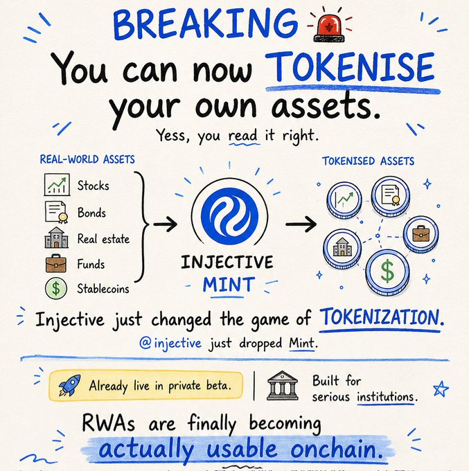 A hand-drawn style infographic about Injective's 'Mint' platform for tokenization, showing real-world assets (stocks, bonds, real estate, funds, stablecoins) being converted to tokenized assets, with text stating 'BREAKING 🚨 You can now TOKENISE your own assets' and noting it's in private beta.