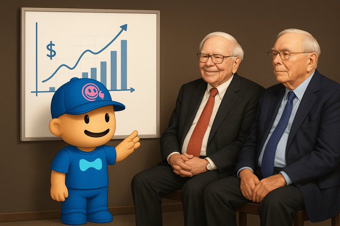 Digital illustration depicting two elderly businessmen in suits resembling Warren Buffett and Charlie Munger sitting next to a cartoon mascot character in blue, with a rising financial chart on the wall behind them.
