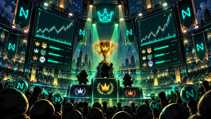 Esports gaming arena with a golden trophy on stage surrounded by glowing screens displaying trading charts and NEAR Protocol logos.