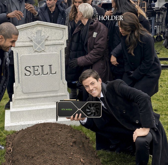 The image is a meme showing people gathered at a funeral around a tombstone marked "SELL," with a man emerging from a fresh grave holding an NVIDIA RTX graphics card, symbolizing "buying the dip" or false sell signals. The caption "HOLDER" appears above the mourners, mocking those who panic-sold. This relates to the post's commentary about $RTX (Nvidia) as a buy-the-dip opportunity, suggesting that long-term holders are vindicated over those who sold during downturns, particularly in the crypto-stock sector.