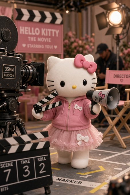 A Hello Kitty plush figure in a pink jacket and tutu holds a clapperboard and a Hello Kitty megaphone on a film set, with a sign reading 'HELLO KITTY THE MOVIE STARRING YOU'.