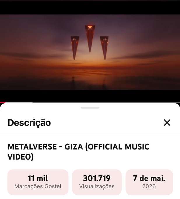 A YouTube description panel shows the METALVERSE - GIZA (OFFICIAL MUSIC VIDEO) with 11 mil likes, 301,719 views, dated May 7, 2026, featuring triangular logos against a sunset.