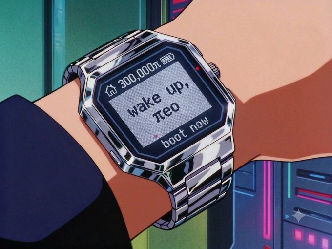 A silver digital watch on a wrist displays "300,000π" and "wake up, Neo" with a "boot now" prompt, styled after the iconic scene from *The Matrix*—a fitting meme reference to Pi (π) given the post's playful nod to the cryptocurrency ticker $Pi and the symbol π—π.