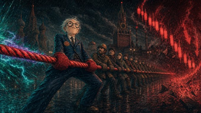 In a dramatic tug-of-war set against a rainy Moscow backdrop featuring St. Basil's Cathedral, Russian workers pull a red rope against a capitalist figure, visually representing the crypto community's "HODL" resolve and "Diamond hands for the Motherland" as they resist "whales."