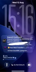A phone lock screen showing the time 15:16 on Wednesday, August 12, with a notification confirming a deposit of 0.0029452 SOL to a wallet, reflecting the web3 earnings referenced in the post.
