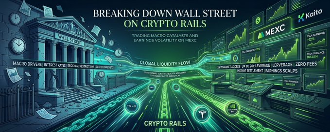 A digital infographic titled 'BREAKING DOWN WALL STREET ON CRYPTO RAILS' featuring a stylized Wall Street building flowing into digital trading screens, and mentions the MEXC platform and Kaito, with text about trading macro catalysts and earnings volatility.