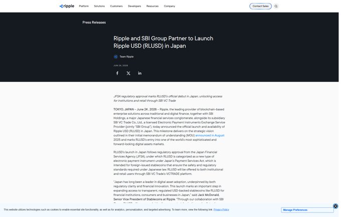 The image displays a Ripple press release titled "Ripple and SBI Group Partner to Launch Ripple USD (RLUSD) in Japan," dated June 24, 2024, by Team Ripple, confirming the launch of RLUSD through SBI VC Trade, Japan's Payment Services Act, with executive quotes from Jack McDonald of Ripple and a Senior VP at SBI.