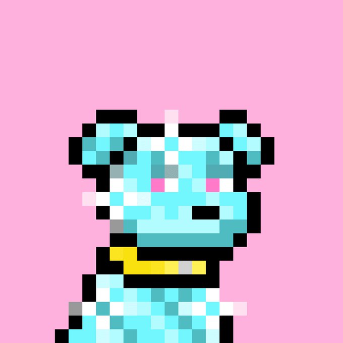 A pixel art illustration of a light blue dog with pink eyes and a yellow collar, representing one of the "10,000 Doginal Dogs" mentioned in the post.