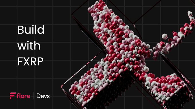 Red and white spheres cluster within glass cubes against a dark gridded background, alongside the text "Build with FXRP" and the "Flare | Devs" logo. The image visually represents how FXRP simplifies XRP-to-FXRP minting, eliminating the need for users to navigate complex steps or intermediary choices in the minting process.
