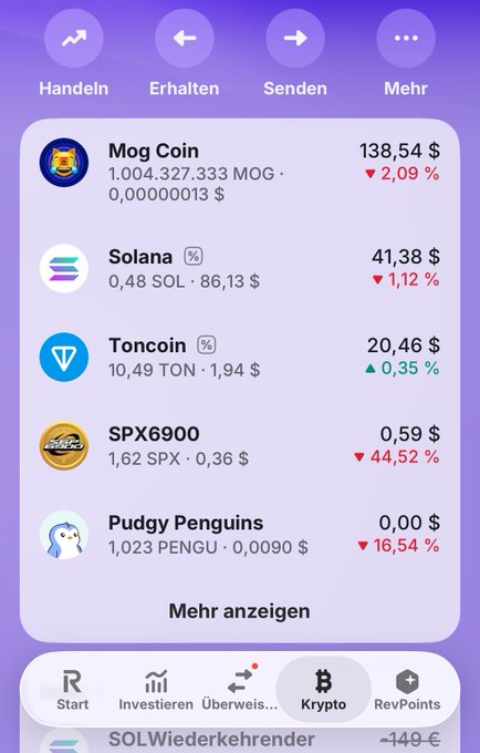 The image shows a phone screen displaying various cryptocurrency prices, including Bitcoin, Pudgy Penguins, SPX6000, and others. The text on the screen indicates that someone has sold Solana for $mog, which is the main focus of the image. The person who sold it seems to be interested in investing in Bitcoin or other cryptocurrencies as well.