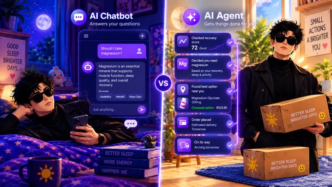 An advertisement comparing "AI Chatbot" to "AI Agent" features a person in sunglasses, with chatbot features listed (Healthcare, WebMD, Mayo Clinic) on the left and agent actions (Check recovery score, Order placed) on the right, alongside boxes labeled "BETTER SLEEP BRIGHTER DAYS".
