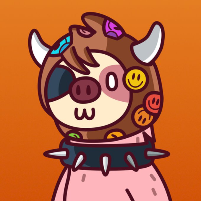 A cartoon pig-like character wearing a brown hood with horns and decorated with smiley face emojis and spikes around its neck appears against an orange background, matching the "Sloooth" NFT referenced in the post about a recent sale.