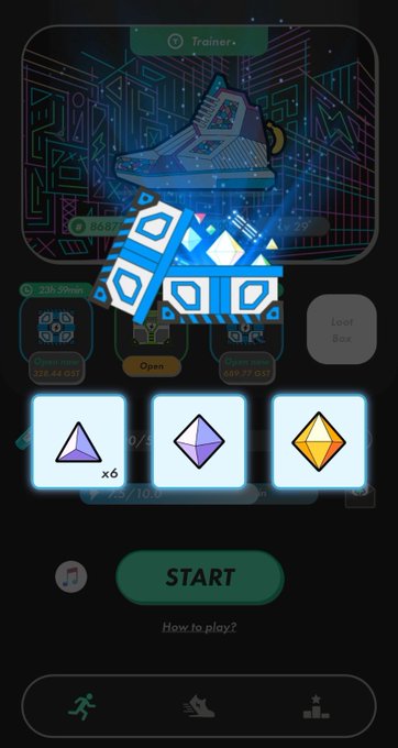 A mobile game interface titled 'Trainer' showing a neon-lit trainer shoe, a 'START' button, and options to open loot boxes with timers like '23h 29min' and '1d 23min'.