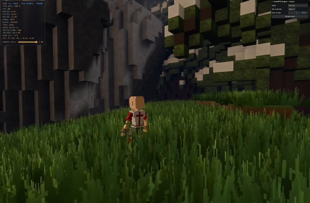 A Minecraft scene showing a blocky character standing in tall grass near rocky cliffs and a forested area, with debug stats visible in the upper-left corner.