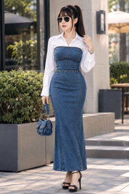 A woman models a denim strapless maxi dress layered over a white button-up shirt, accessorized with sunglasses and a small blue handbag, standing outdoors.