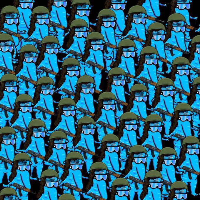 A repeating pattern of cartoon blue-skinned figures wearing olive drab military helmets, blue sunglasses, and carrying rifles. The image visually ties to the "Bag Workers" and soldier theme of the morning post about the $PATTYICE ticker, suggesting a bullish "armed forces" rallying around the stock.