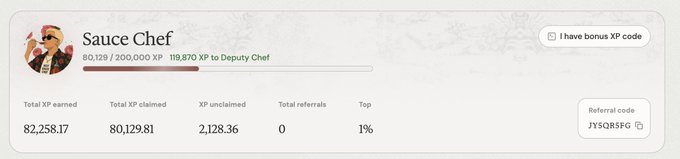The image shows a gamified XP progress dashboard for "Sauce Chef" with 80,129/200,000 XP earned and 119,870 XP remaining to reach "Deputy Chef" rank, including stats like 82,258.17 total XP earned and a referral code "JY5QR5FG"—visually supporting the user's playful "barbecue career" analogy tied to their crypto vault earnings.