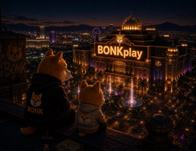 Two cartoon Shiba Inu characters wearing 'BONK' and 'BAOBAO' hoodies gaze over a nighttime cityscape featuring a grand illuminated building labeled 'BONKplay' with fountains and a Ferris wheel in the background.