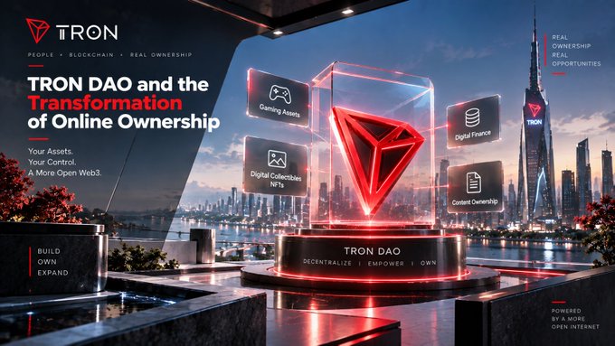 Promotional graphic for TRON DAO featuring a glowing red TRON logo on a pedestal with a Dubai skyline backdrop, highlighting 'The Transformation of Online Ownership' with gaming assets, digital collectibles, and digital finance.