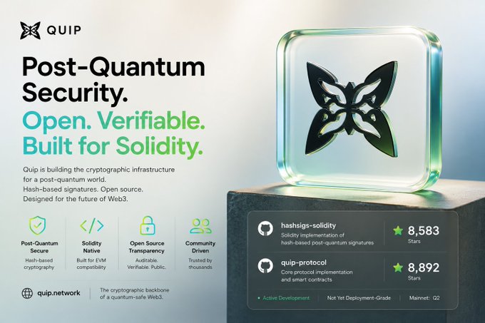 The image features a poster for Quip's Post Quantum Security project. The poster displays a glass butterfly with a black design, symbolizing the security measures implemented by Quip. It also includes text that highlights the project's achievements and its impact on the open-source community. The poster is displayed against a gray background, which contrasts with the vibrant colors of the butterfly and the white text.