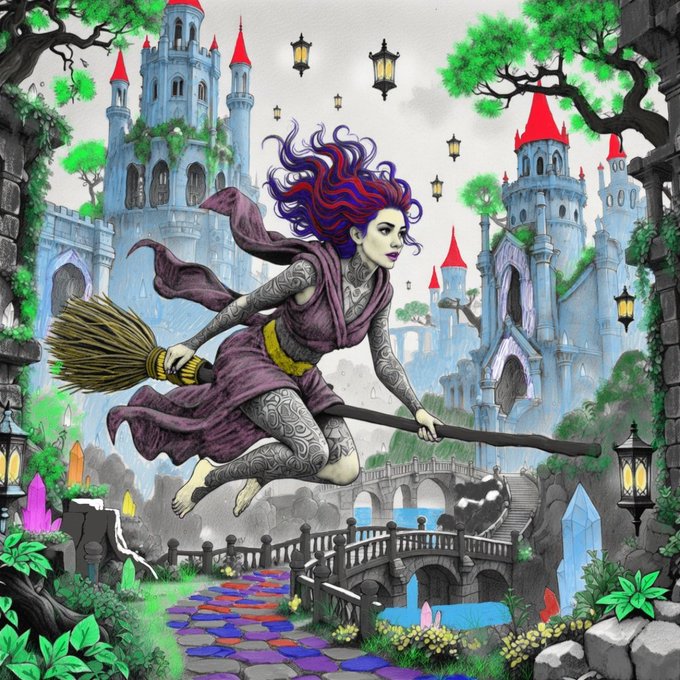 A vibrant fantasy illustration portrays a tattooed witch with flowing purple and red hair riding a broomstick over a cobblestone path in front of a fairy-tale castle.