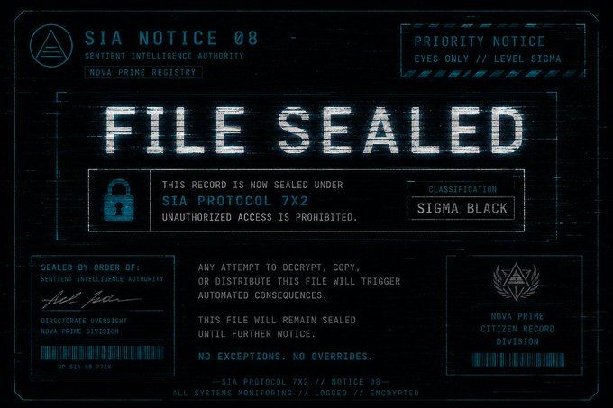 A dark, futuristic 'FILE SEALED' document from the 'SIA NOTICE 08' by the Sentient Intelligence Authority, marked 'PRIORITY NOTICE EYES ONLY // LEVEL SIGMA' and 'CLASSIFICATION SIGMA BLACK'.