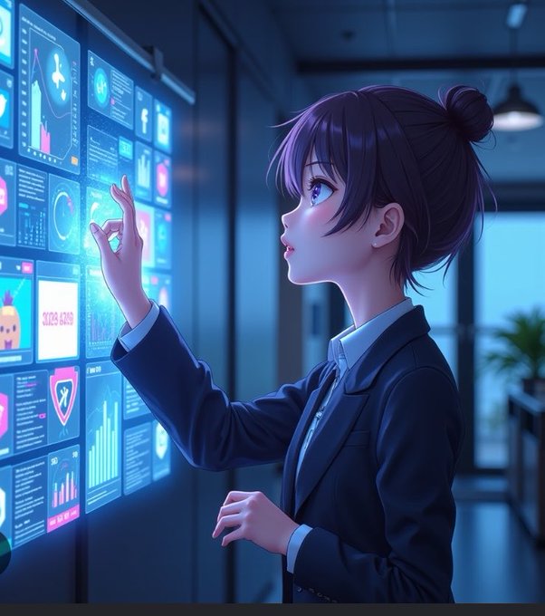 Anime-style digital artwork of a young woman in a dark suit interacting with a glowing wall of data screens and charts in a modern office.