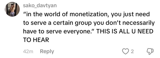 A social media comment from user 'sako_davtyan' reading: 'in the world of monetization, you just need to serve a certain group you don't necessarily have to serve everyone.' THIS IS ALL U NEED TO HEAR