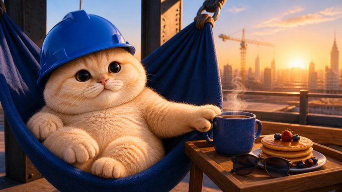 A fluffy cream-colored kitten wearing a blue hard hat relaxes in a hammock with a steaming mug, a stack of pancakes topped with berries, and sunglasses, set against a sunny city skyline with construction cranes. The cozy breakfast scene ties into the cheerful "Good meowning!" post by playfully greeting the day with a hard-working cat enjoying his morning meal.