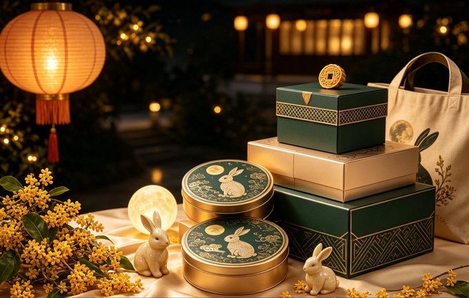 An elegant display of green and gold Mid-Autumn Festival gift boxes decorated with rabbits, accompanied by a lantern and yellow flowers.