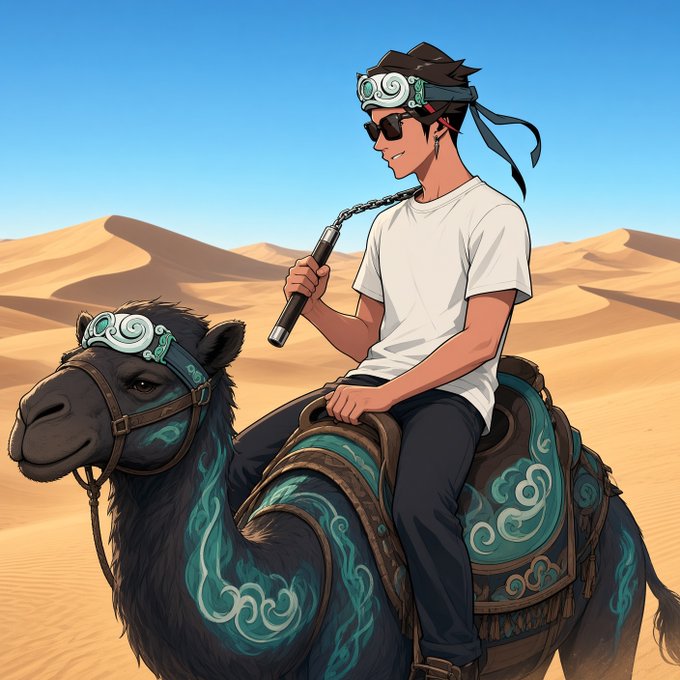 An anime-style illustration of a smiling young man wearing sunglasses and goggles, holding a nunchaku while riding a decorated black camel through a desert landscape.