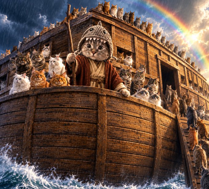 A whimsical AI-generated image shows a cat dressed as Noah, wearing a knitted hat and robe, standing at the helm of a wooden ark surrounded by numerous cats, with a rainbow in the background.