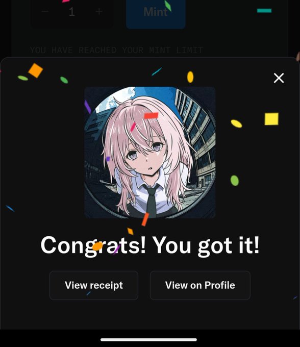 Mobile app screenshot showing a 'Congrats! You got it!' confirmation modal with an anime character NFT featuring pink hair, with confetti animation and buttons to view receipt or view on profile.