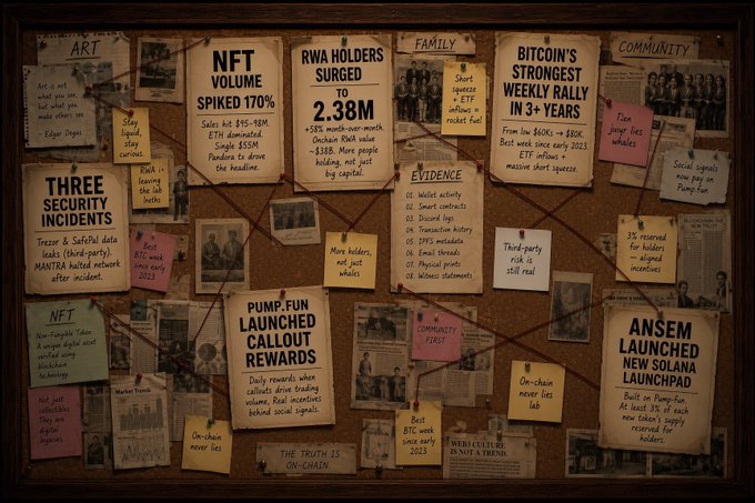 A detective-style corkboard displays pinned newspaper clippings and sticky notes detailing key crypto headlines, prominently featuring "NFT VOLUME SPIKED 170%" and "RWA HOLDERS SURGED TO 2.38M," with additional notes on "BITCOIN'S STRONGEST WEEKLY RALLY IN 3+ YEARS," a "PUMP.FUN LAUNCHED CALLOUT REWARDS," and "ANSEM LAUNCHED NEW SOLANA LAUNCHPAD." The bulletin board visually organizes the week's top six crypto events, with red string connecting clues to mirror the narrative flow of the weekly recap.