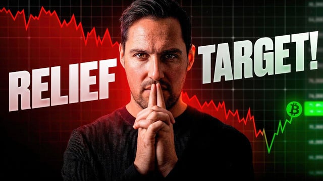 The image shows a man dressed in a black sweater, standing in front of a graph with a price chart for Bitcoin and a chart indicating S&P500 divergence (the two charts are close together). The word "Relief" is written above his head, and "target!" is written below it. This suggests that the man has developed a strategy to target both Bitcoin and S&P500 movements using financial data analysis techniques.
